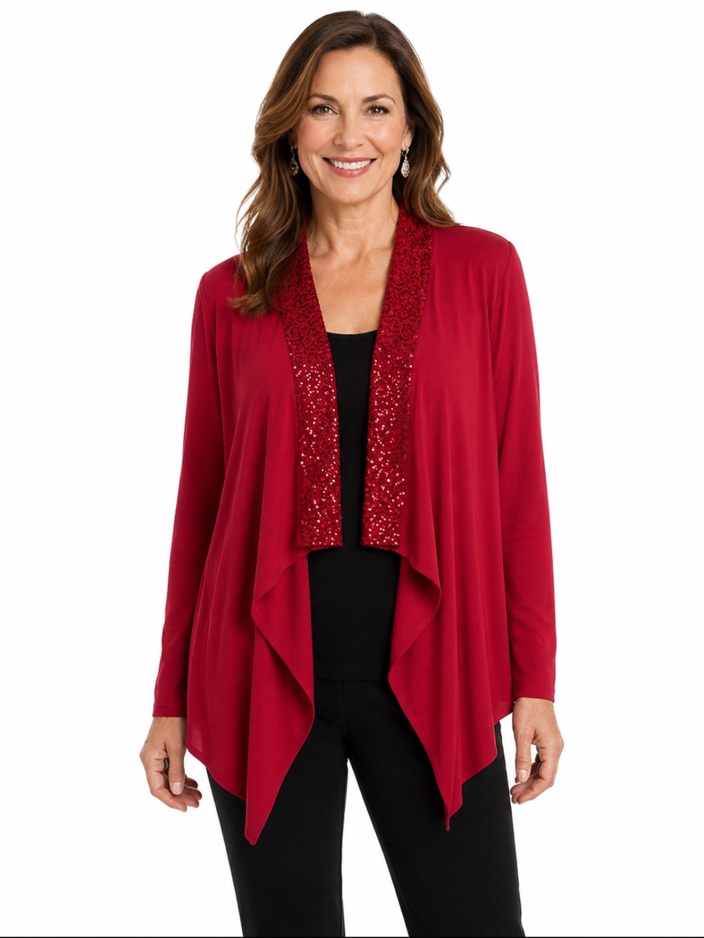 LAURA ASHLEY PETITE GOLDEN ADVENTURE WATERFALL SEQUIN  CARDIGAN IN RED SZ PM NWT